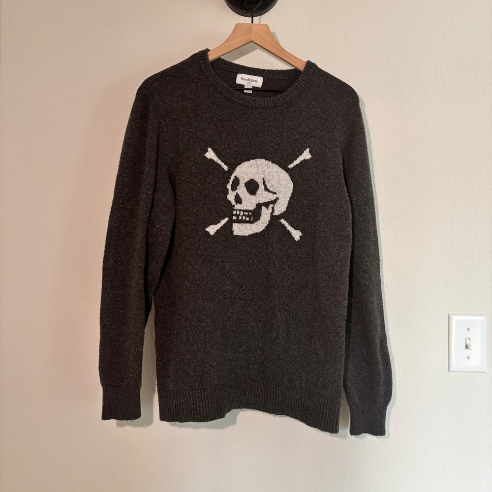 Goodfellow Sweater Skull Crossbones S Cotton Blend Charcoal Grey Goth Grunge Men